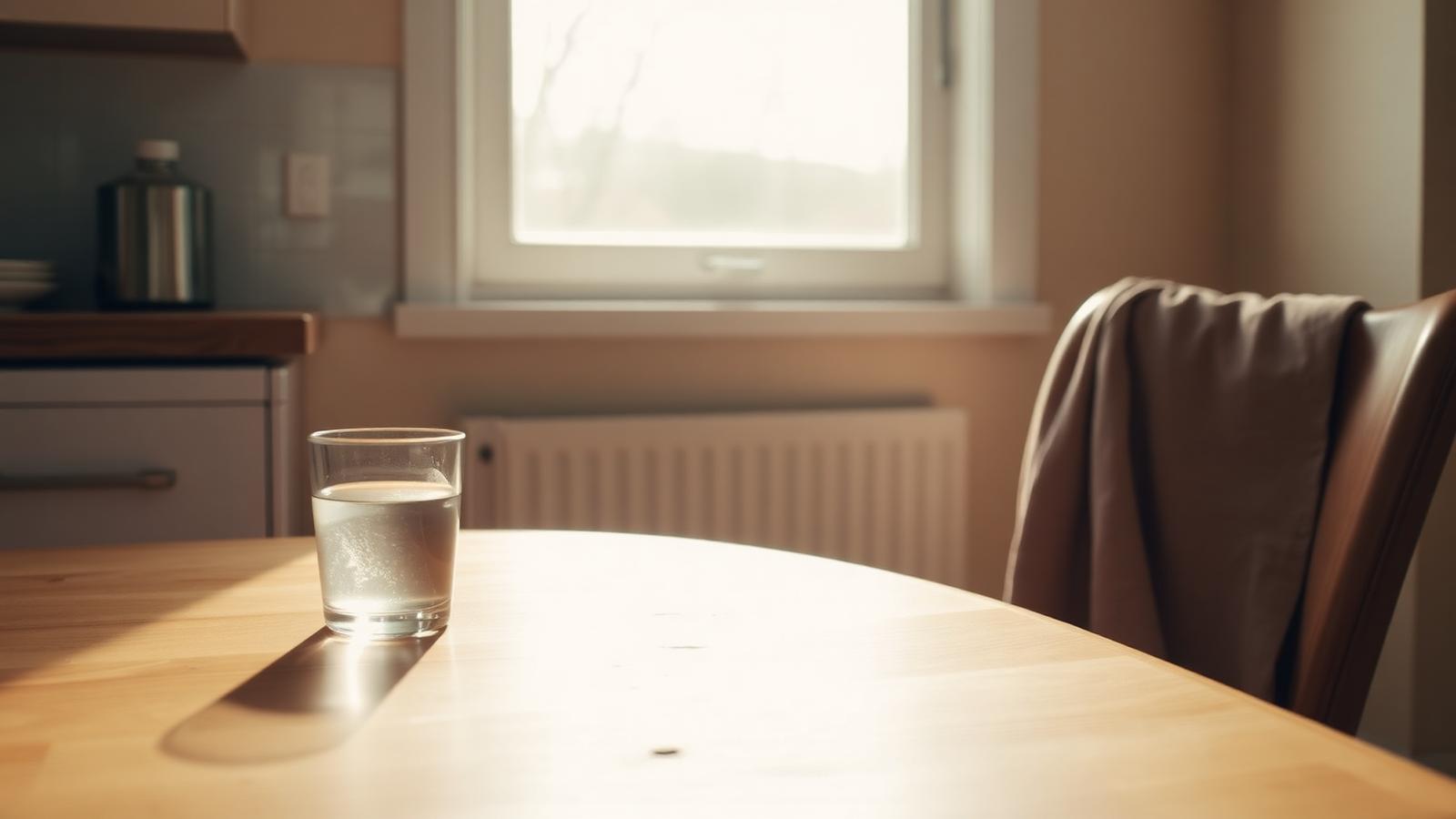 Soft morning light through a kitchen window with a child's half-empty glass of water on a wooden table.