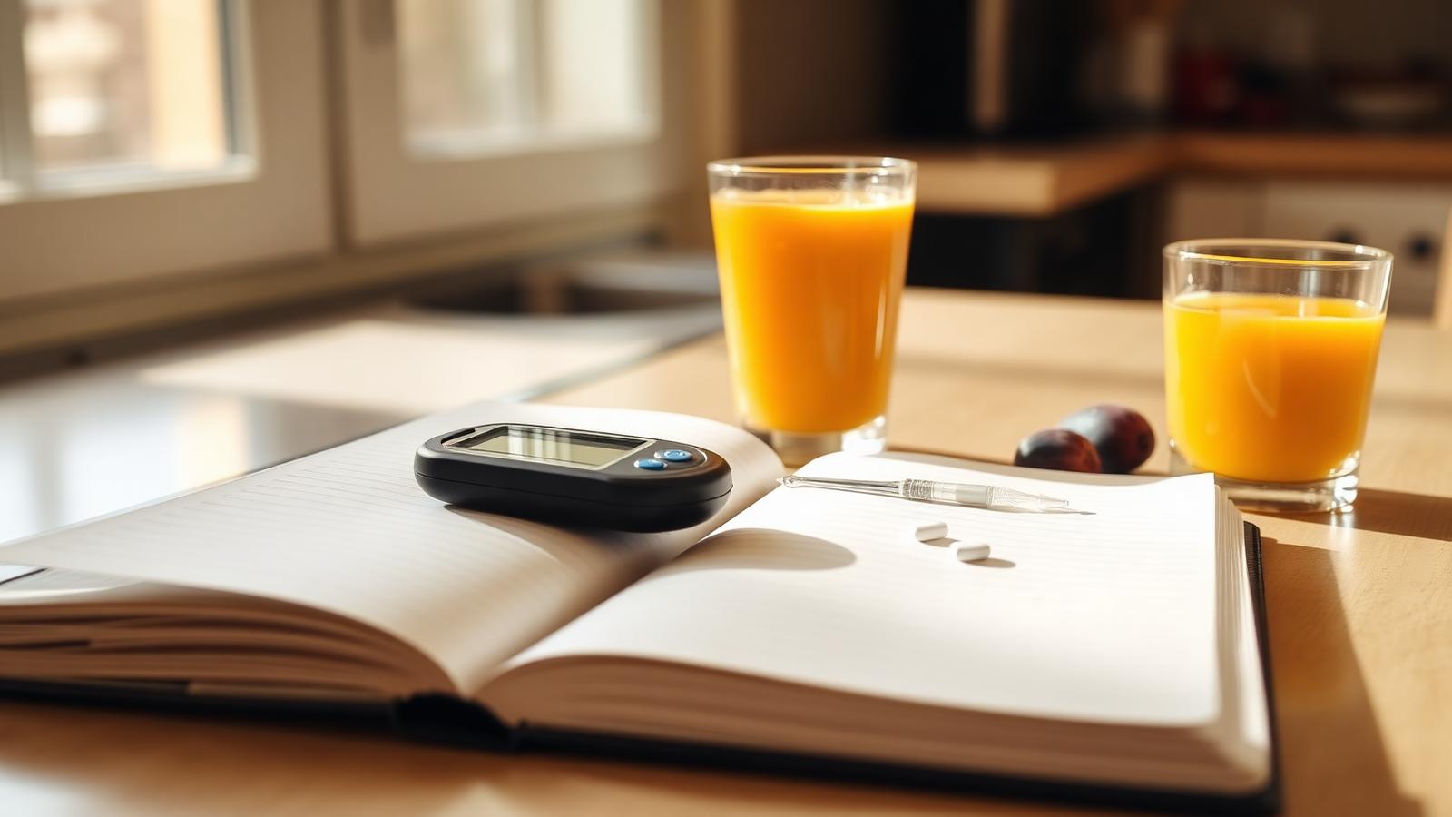 Open notebook on a kitchen counter with a glucose meter, lancet, and small glass of orange juice.
