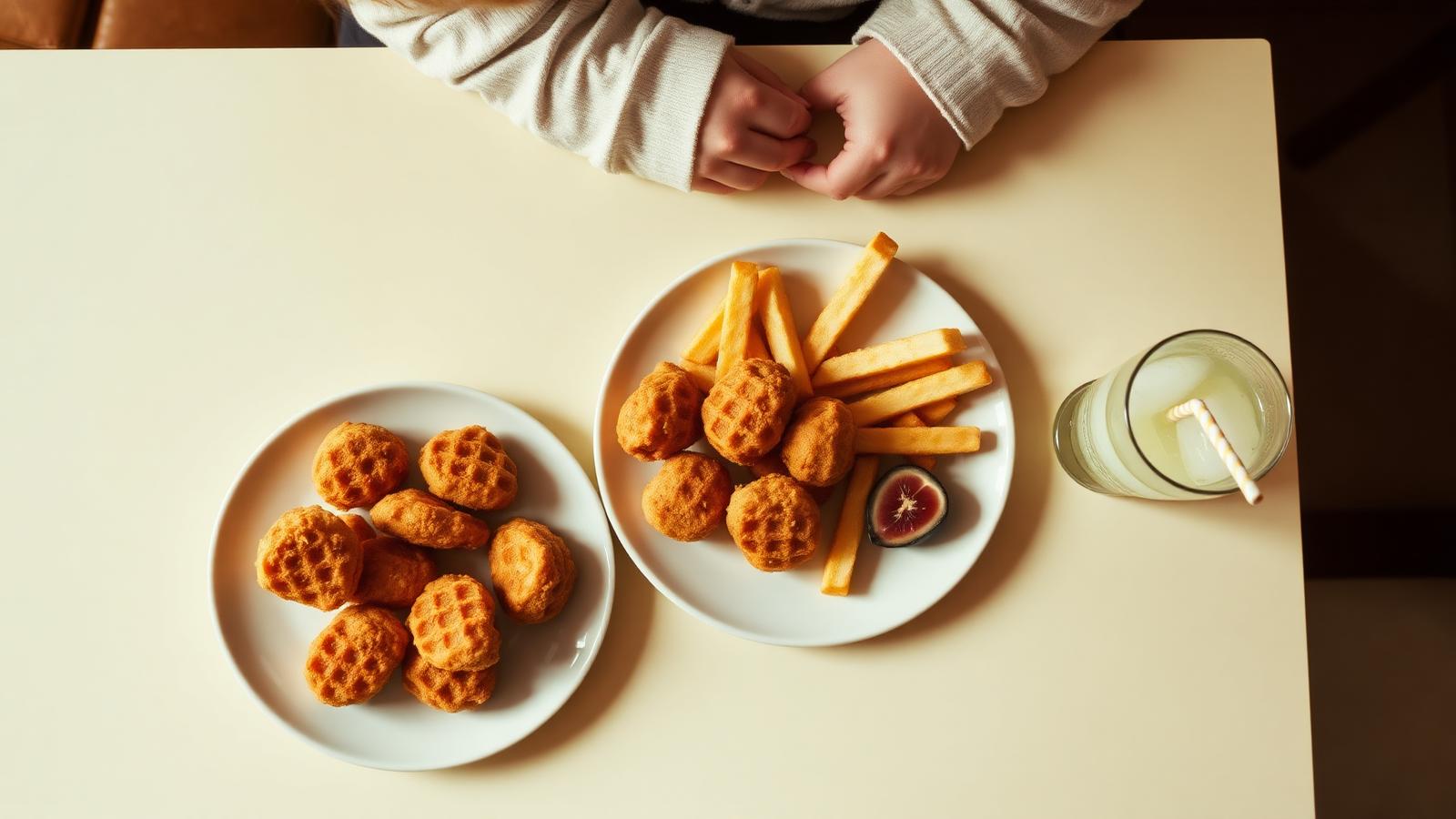 Warm family restaurant table from above with a child's plate and a glass of lemonade.