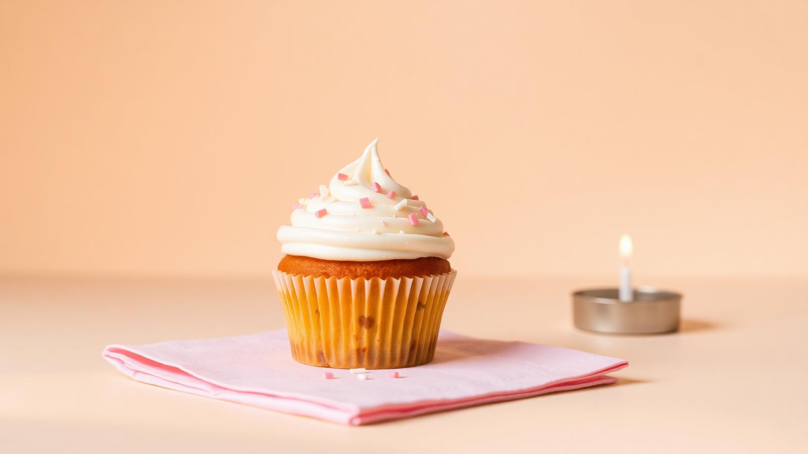 Single frosted vanilla cupcake on a soft pink napkin with a wisp of candle smoke.