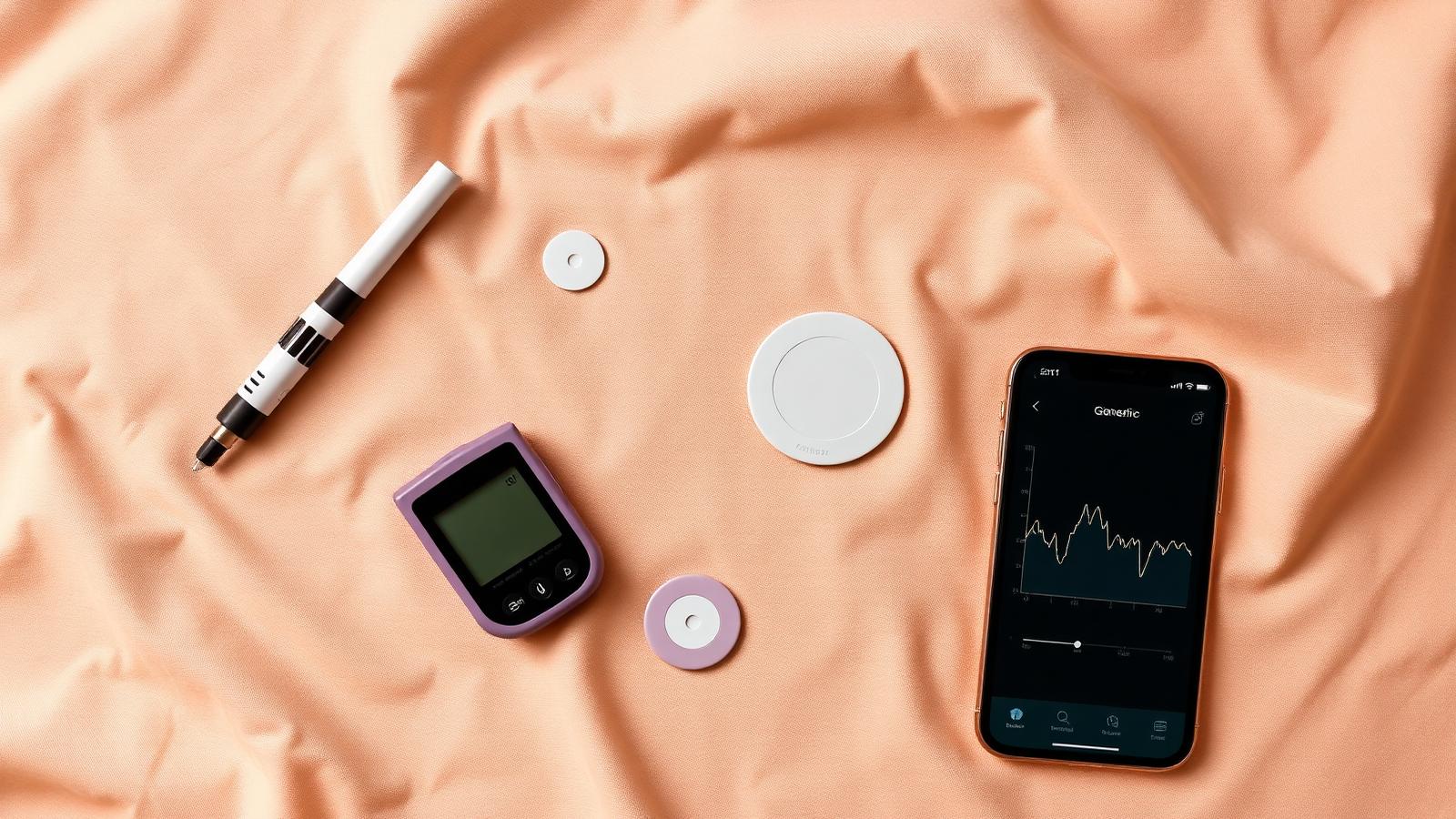 Flat lay on warm cream linen — insulin pen, glucose sensor, small pump device, and an iPhone showing a generic glucose chart.