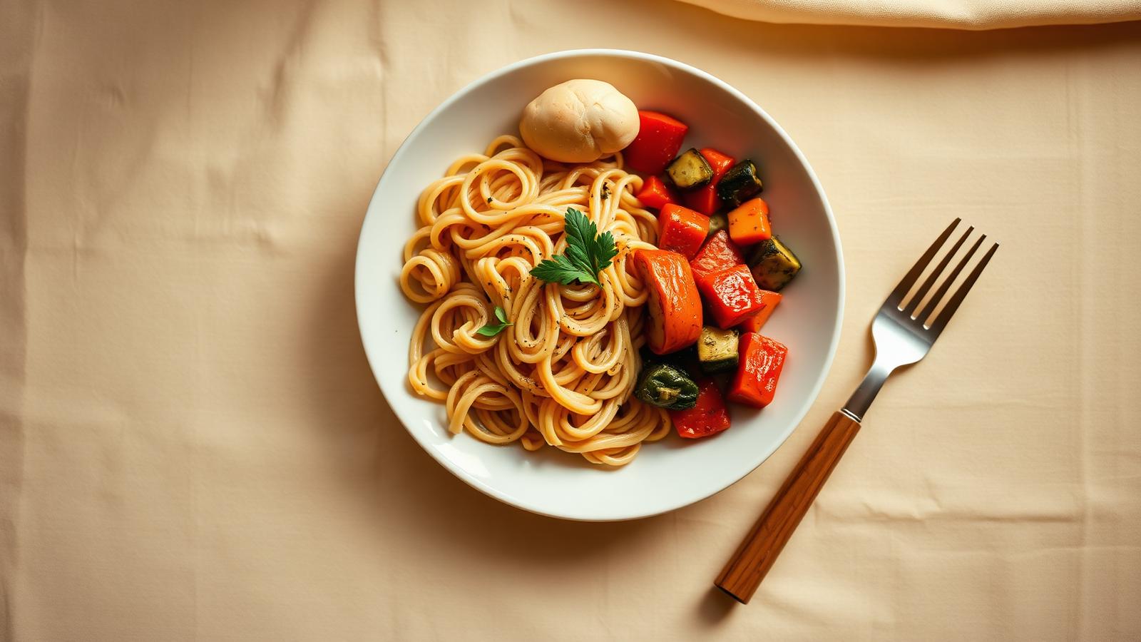 Overhead view of a colorful dinner plate with pasta and vegetables on a warm cream linen tablecloth.
